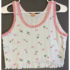 Messy Bun Just Chillen Y2K Cropped Tank Top XL Lace Trim Coquette Girly Wavy Hem